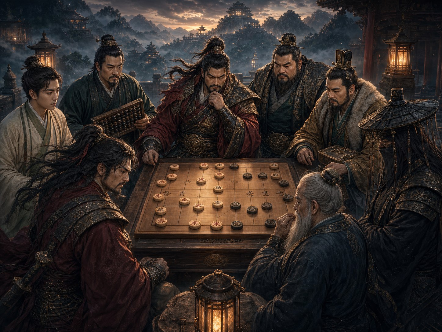 八位雲門守局人圍著中國象棋棋盤思考棋局