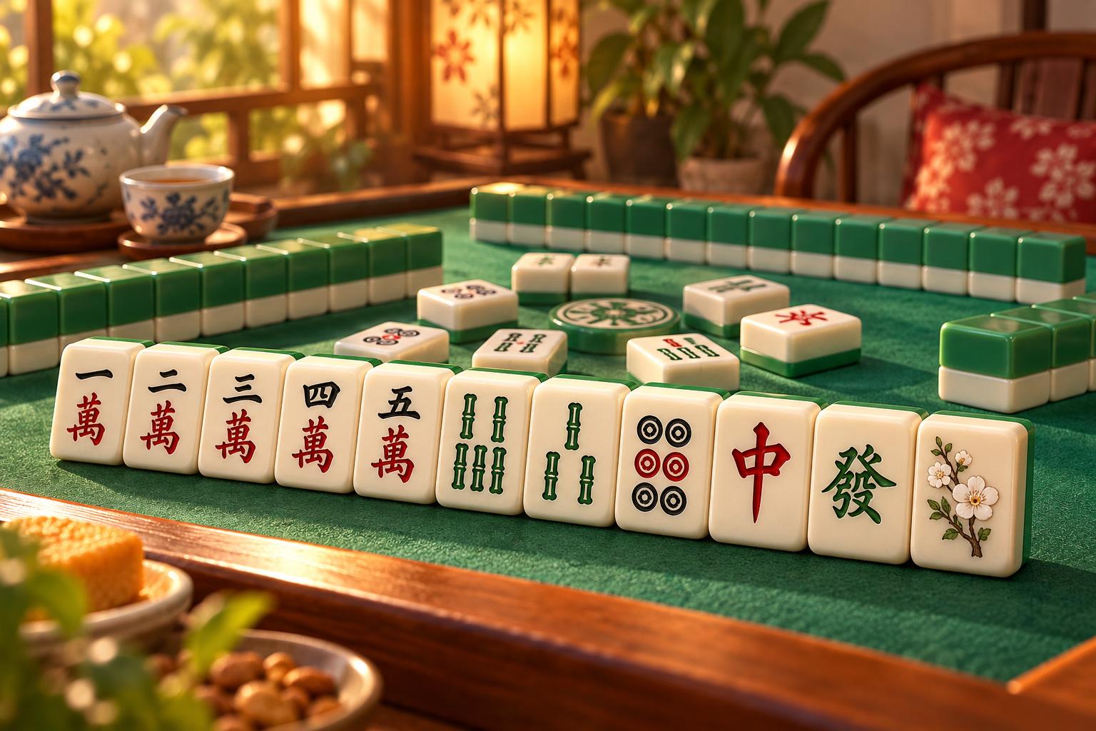 綠色牌桌上的傳統麻將牌，米白牌身配上萬、筒、條圖案